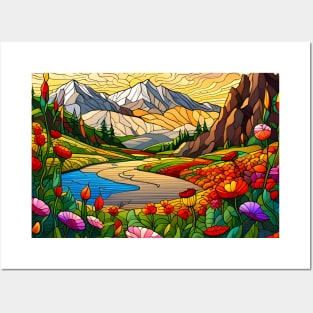 Stained Glass Colorful Mountain Meadow Posters and Art